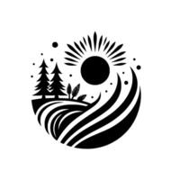 A circular monochrome illustration depicting a stylized rural landscape with trees, fields, sun, and leaves, evoking a sense of natures harmony. vector