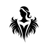 Silhouette of a woman with feathered wings, elegant and stylized, set against a stark white background. The artwork uses bold lines and negative space. vector