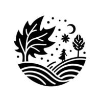 A monochrome, circular emblem depicts a serene landscape with a silhouetted figure, trees, a crescent moon, and a star, evoking a sense of peace. vector