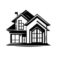 Architectural Illustration Modern, Geometric House in Monochrome with Large Windows and a Chimney Against a Light Gray Circular Backdrop. vector