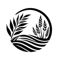 A monochromatic emblem of nature, with a circular frame enclosing stylized wheat and foliage above a textured ground. vector