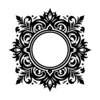 Intricate Black and White Floral Frame with Circular Center, Featuring Ornate Swirls and Detailed Foliage on a Blank Canvas. vector