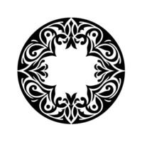 A symmetrical, black and white circular featuring stylized floral and foliate motifs arranged in a complex, ornamental pattern, resembling a decorative emblem or a symbolic element. vector