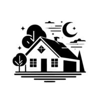A minimalist black and white illustration of a house at night with trees, the moon, stars, and clouds, depicting a serene suburban scene. vector
