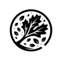 A stylized black and white featuring an oak leaf branch within a circular frame, with scattered leaves and subtle dot elements. vector