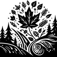 Bold Black White Nature Illustration A stylized landscape featuring a central maple leaf surrounded by various leaves, trees, and abstract organic elements. vector