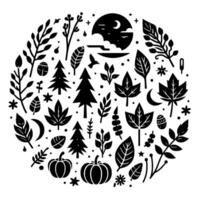 A circular, monochromatic illustration of autumn elements leaves, trees, pumpkins, moon and celestial bodies. vector