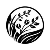 Abstract Black and White Botanical Composition Featuring Leaves, Stems, and Flowers within a Circle, Emphasizing Nature. vector