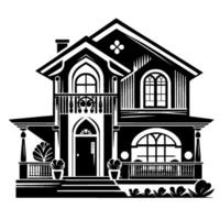 Elegant TwoStory Victorian House in Black White Silhouette with Balconies, Arched Windows, and Landscaping. vector
