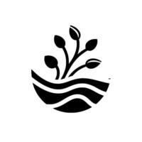 Abstract black and white illustration of a plant with oval buds emerging from stylized wavy water within a semicircular frame, minimalist . vector