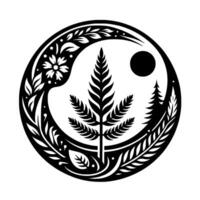 Symbolic black and white circular illustration depicting a stylized landscape with a central cannabis plant, surrounded by floral and forest elements within a yinyang style arrangement. vector