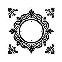 Intricate Black and White Circular Ornament with Floral and Swirl Elements, Corner Designs and a Central Blank Space. vector