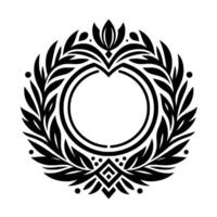 A symmetrical black and white floral emblem, featuring stylized leaves, a central circle, and geometric details, suitable for branding. vector