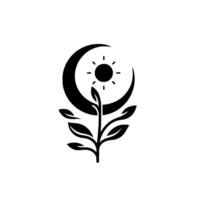 A stylized black and white illustration of a plant with leaves, a sun, and a crescent moon, symbolizing growth, harmony, and the cycle of nature. vector