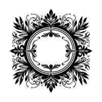 Elegant Black and White Floral Frame A symmetrical, ornate featuring a central circular opening framed by stylized leaves, flourishes, and subtle details, perfect for invitations or logos. vector