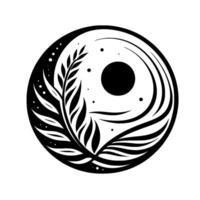 A minimalist circular illustration, featuring a stylized botanical within a contrasting yinyanginspired composition, with celestial accents. vector