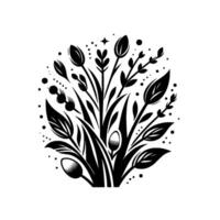 Intricate black and white floral in a circular arrangement featuring leaves, buds, berries, and dots, creating a symmetrical and elegant botanical illustration. vector