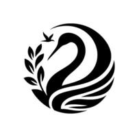 Elegant monochrome , featuring a stylized swan, small bird in flight, and leafy sprig, enclosed in a circular frame, symbolizing grace and nature. vector