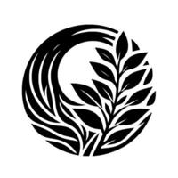 A monochrome emblem featuring a stylized black leaf branch within a circular frame of organic shapes, symbolizing growth and nature. vector