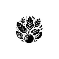 Stylized Botanical Arrangement A monochrome circular composition of leaves, berries, flowers and fruit, with a minimalist aesthetic. vector