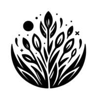 Abstract black and white stylized botanical illustration depicting a central cluster of leaves and grasses, encircled with celestial elements, on a white background. vector