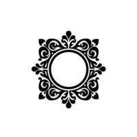 Ornate Black White Circular Frame with BaroqueInspired Floral Embellishments, Square Outer Shape on Clean White Backdrop. vector