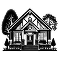 style blackandwhite illustration of a charming cottage with trees and garden details, featuring a symmetrical . vector