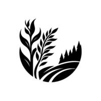 Elegant monochrome emblem featuring stylized leaves, wheat stalks, rolling hills, and silhouetted trees framed within a subtle grey and white circle, representing nature. vector