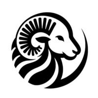 Bold Black and White Ram Silhouette within a Circular Composition, Showcasing Horns and Elegant Minimalism. vector