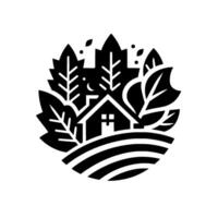 A stylized, monochrome of a house nestled within leaves, trees, and rolling fields, suggesting a natural, rural retreat under a crescent moon. vector