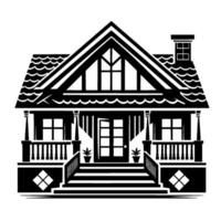 A stylized monochrome illustration of a charming cottage, featuring a porch, front steps, and detailed roofing, suggestive of a cozy home. vector
