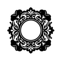 Elegant monochrome circular frame with ornate floral and scrollwork details, perfect for logos or invitations. vector