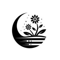 Elegant Black and White Floral Emblem Two Daisies Flourishing Within a Crescent MoonShaped , Symbolizing Harmony. vector