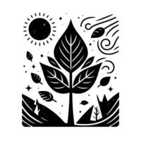 A stylized black and white illustration of a tree with large leaves, sun, wind, and floating leaves, surrounded by stylized landscape. vector