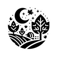 Stylized nocturnal landscape illustration of a crescent moon, stars, trees, fields, and an observatory within a circular border, exuding a tranquil atmosphere. vector