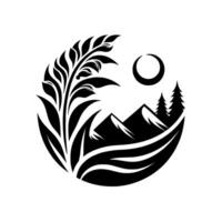 Serene Black and White Circle Composition Mountainscape, Trees, Crescent Moon, and Foliage Depicting Natures Beauty in a Minimalist Style. vector