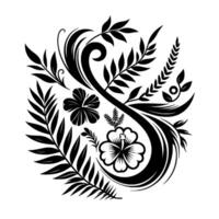 Intricate Black and White Floral Composed of Hibiscus, Palm Fronds, and Swirling Foliage, Arranged in a Circular and Ornamental Composition on a White Background. vector