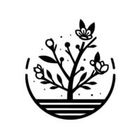 A stylized, monochromatic illustration of a flourishing plant, contained within a spherical frame, featuring delicate blossoms, leaves, and berries. vector
