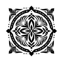 Intricate black and white symmetrical featuring floral and geometric elements, centered on a circle, creating a balanced and elegant pattern. vector