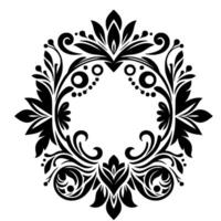 Intricate symmetrical black floral wreath illustration with ornate leaves, swirls, and dots, set against a stark white backdrop, evoking elegance. vector