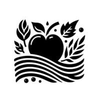 Stylized black and white emblem featuring a heartshaped apple nestled in a landscape of leaves, waterlines, and droplets, evoking natures bounty. vector