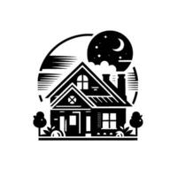 Stylized Black and White Illustration of a Home Under a Crescent Moon with Starry Night Sky, Surrounded by Trees. vector