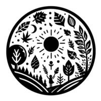 A circular black and white illustration of natures harmony, featuring a child holding a leaf, surrounded by leaves, trees, and the sun. vector