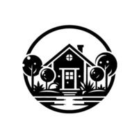 A minimalist black and white circular emblem featuring a house, trees, and landscaping, conveying tranquility. vector