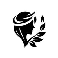 Elegant Silhouette A graceful black and white depiction of a womans profile encircled by a laurel wreath and adorned with a delicate halo, symbolizing beauty, and serenity. vector