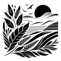 A minimalist black and white landscape illustration, featuring stylized plant elements, the sun setting over rolling hills and flying birds, all in a clean, . vector