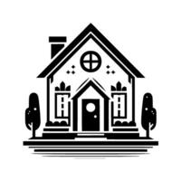 Monochromatic, Illustration of a Charming House with a Chimney, Windows, and Simple Trees, Ideal for Real Estate Branding or HomeThemed Designs. vector