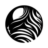 Silhouette of a womans face with flowing hair, stylized within a black circle on a white background, embodying grace. vector