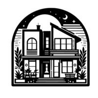 A minimalist black and white illustration of a modern twostory house beneath a crescent moon and starry night sky, framed within an arch, surrounded by foliage. vector