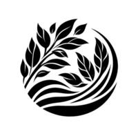 A stylized, minimalist emblem featuring a branch with leaves intertwined with wavy, curved elements, all contained within a circular frame on a white background. vector